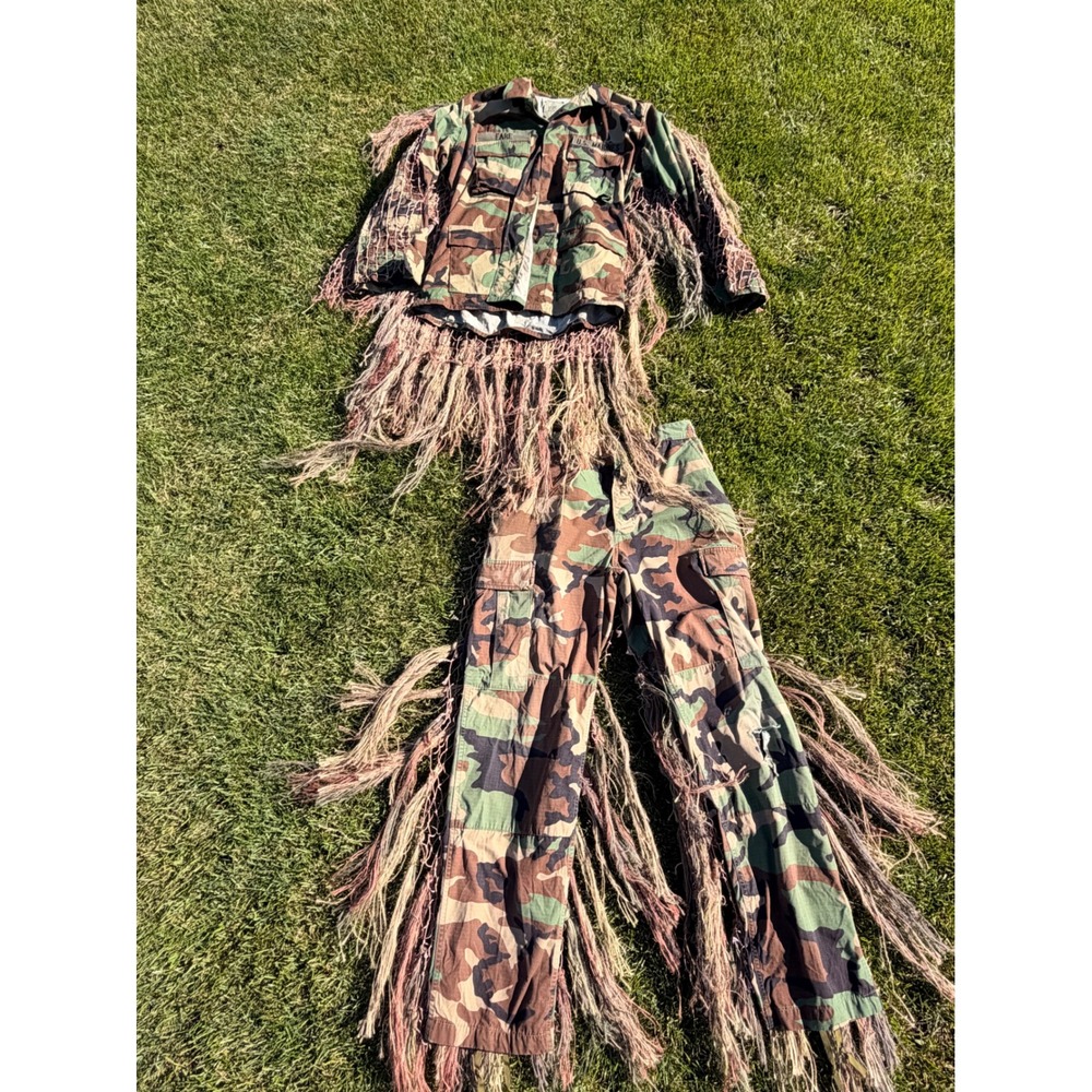 USMC Custom Ghillie Suit Set Woodland Camo BDU Jacket Pants Airsoft Sniper M R